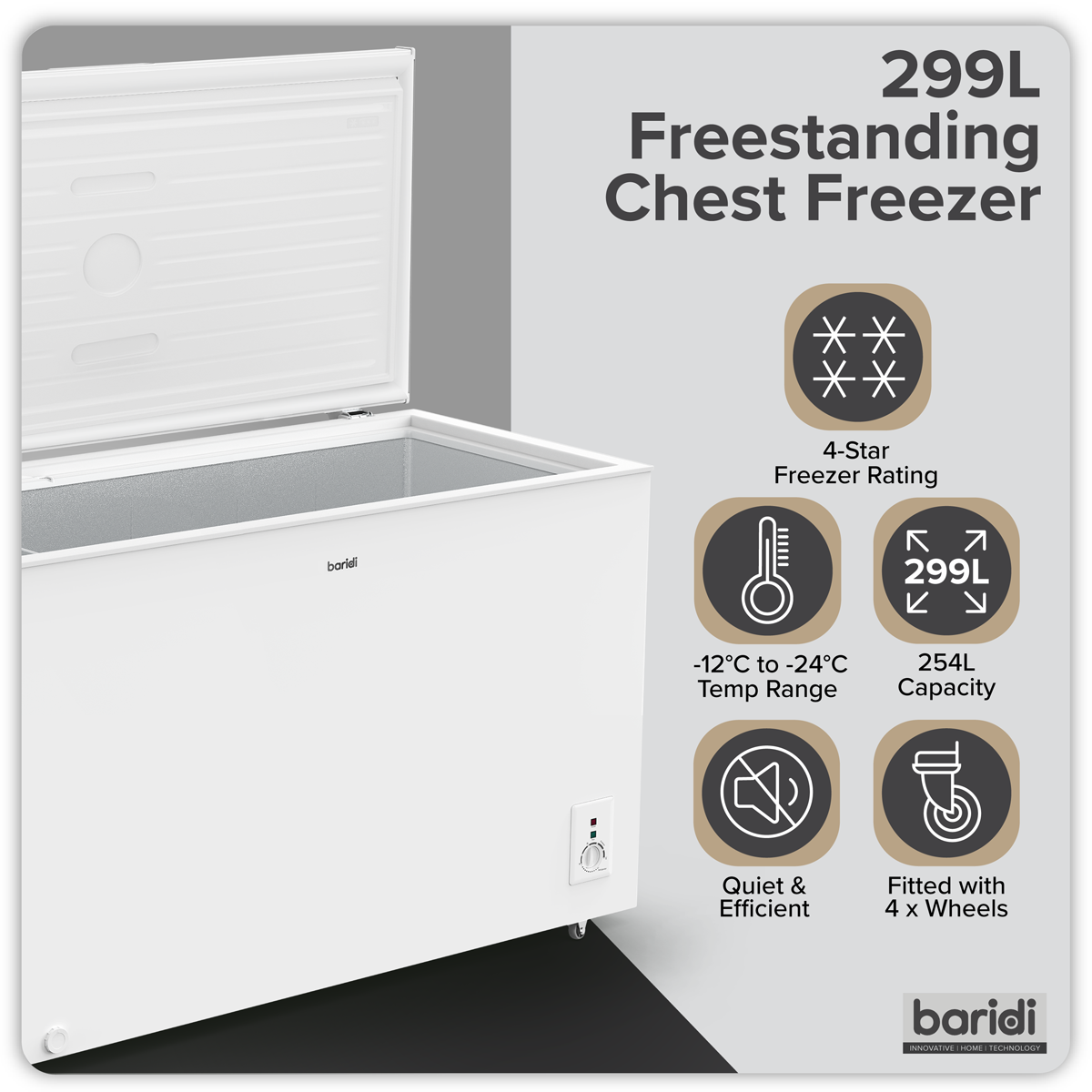 Baridi DH260 Freestanding Chest Freezer 299L Capacity - White - additional view 5