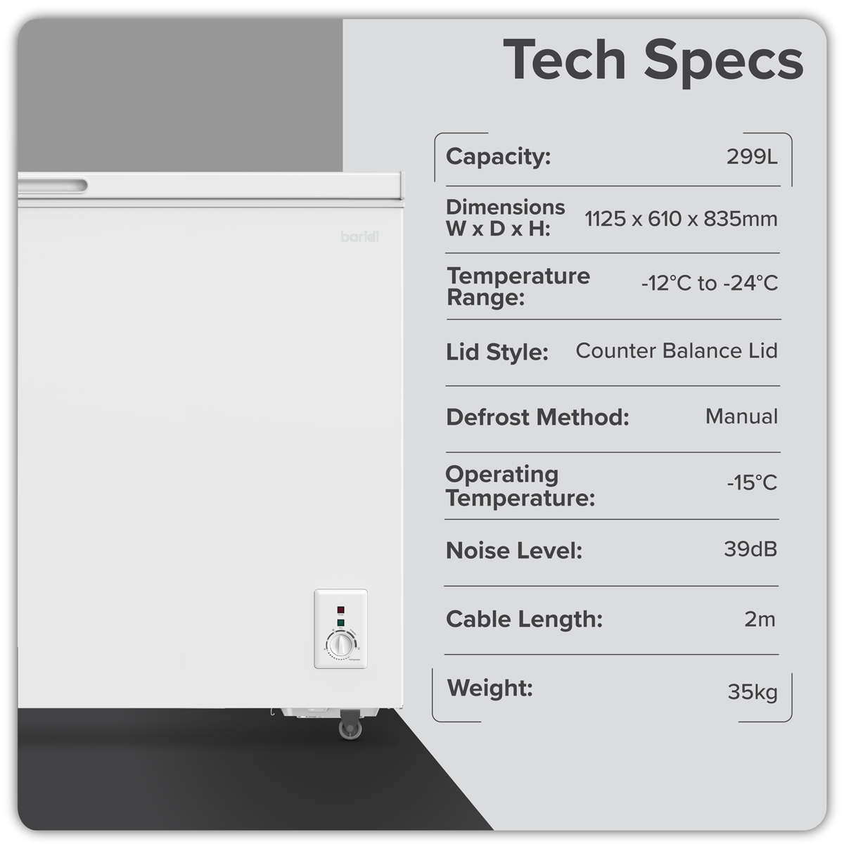 Baridi DH260 Freestanding Chest Freezer 299L Capacity - White - additional view 7