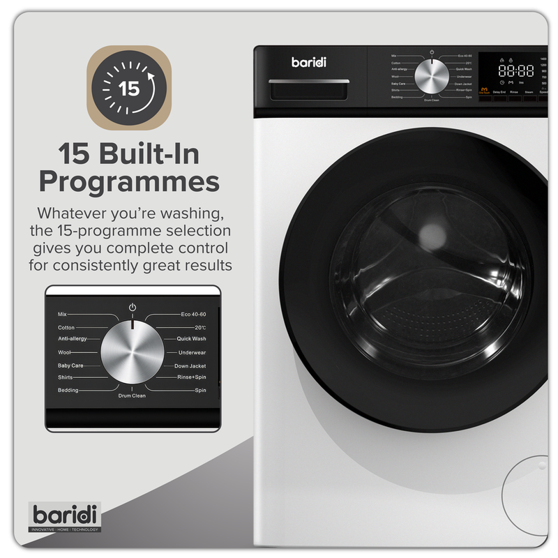 Baridi DH262 8kg Washing Machine, Front Loading, 1400rpm Energy Rating A - White - additional view 3