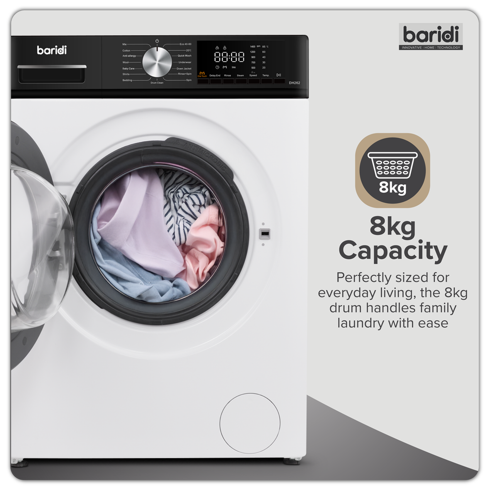 Baridi DH262 8kg Washing Machine, Front Loading, 1400rpm Energy Rating A - White - additional view 4