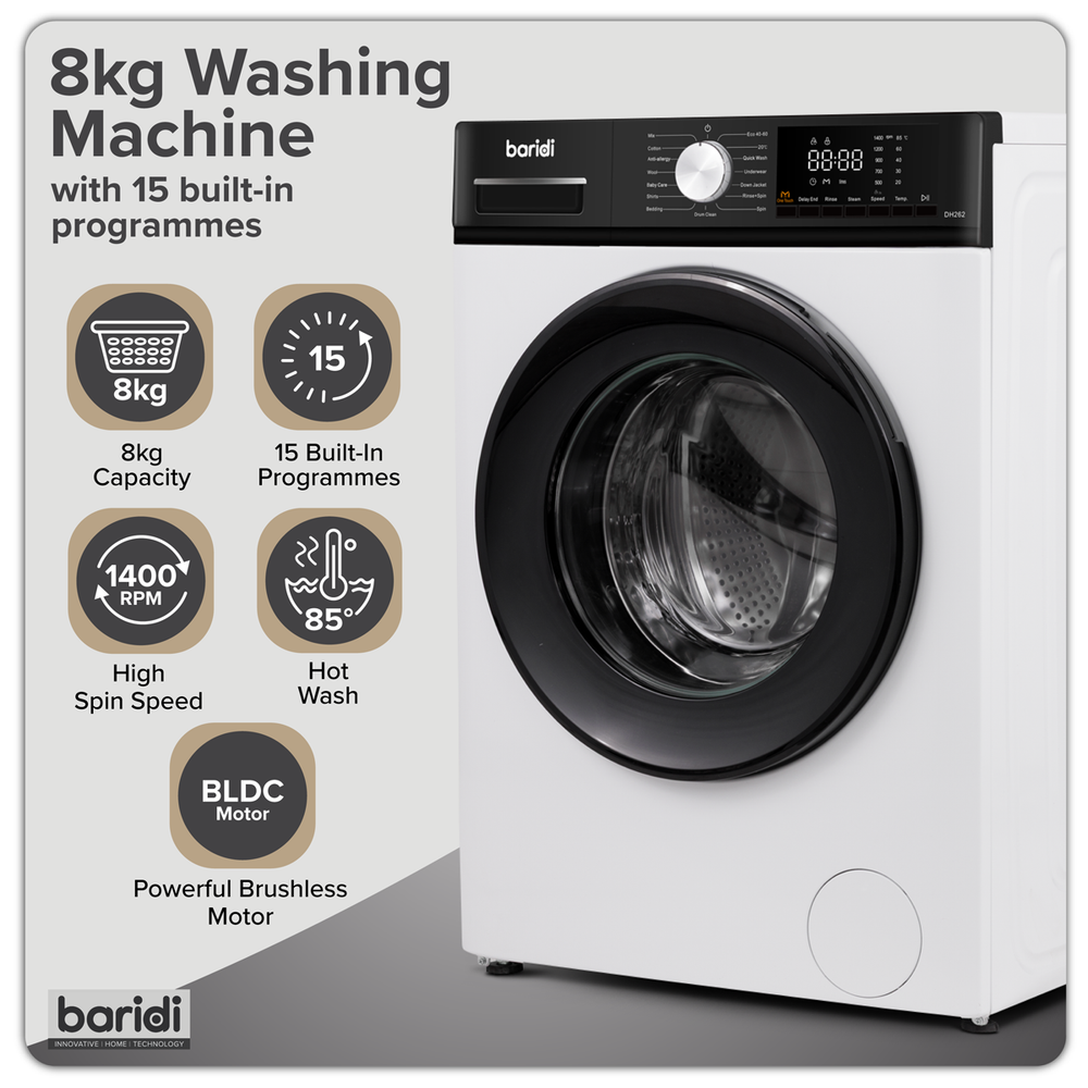 Baridi DH262 8kg Washing Machine, Front Loading, 1400rpm Energy Rating A - White - additional view 5