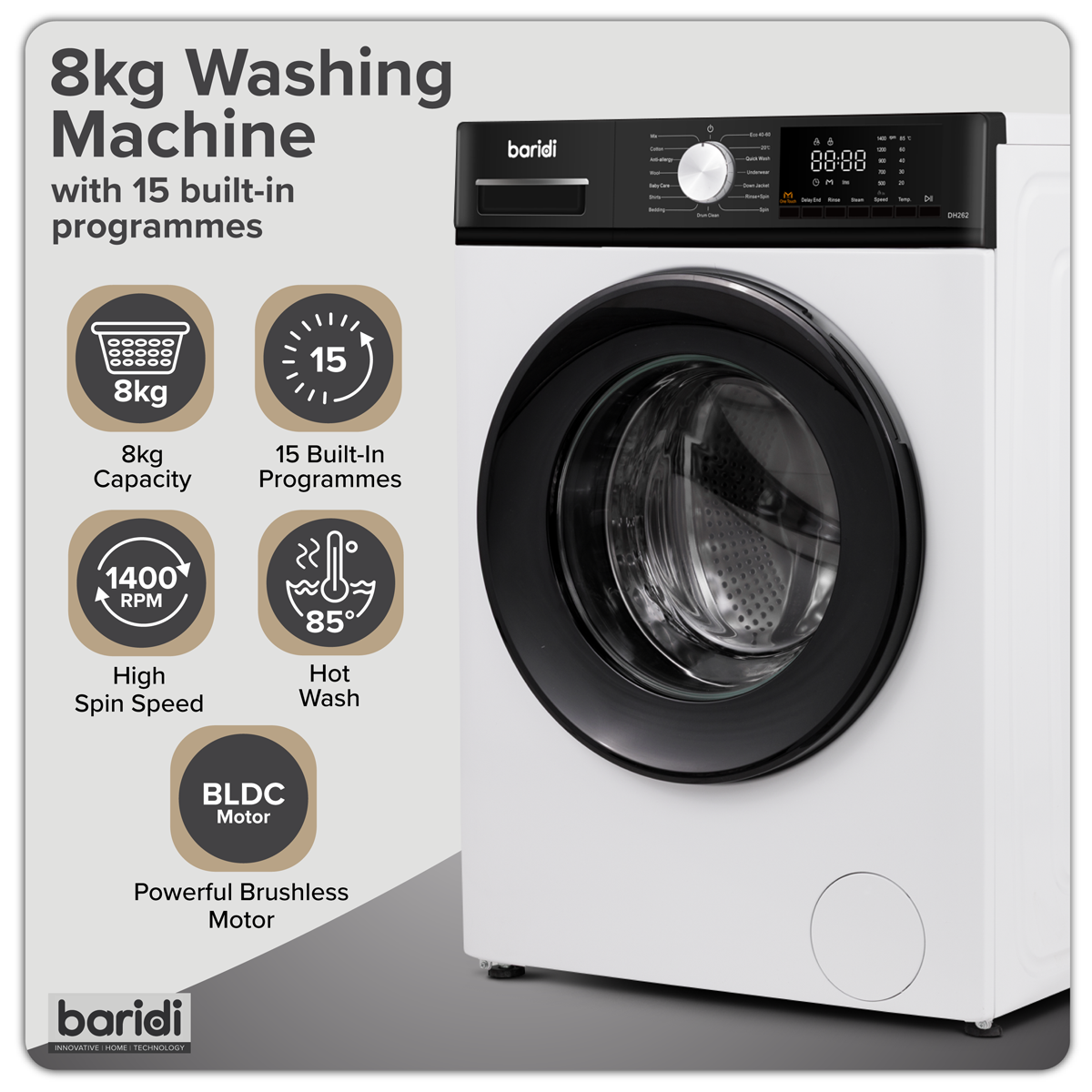 Baridi DH262 8kg Washing Machine, Front Loading, 1400rpm Energy Rating A - White - additional view 5