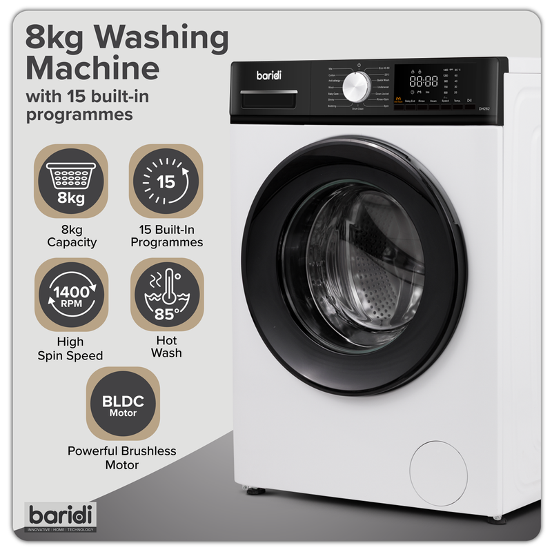 Baridi DH262 8kg Washing Machine, Front Loading, 1400rpm Energy Rating A - White - additional view 5