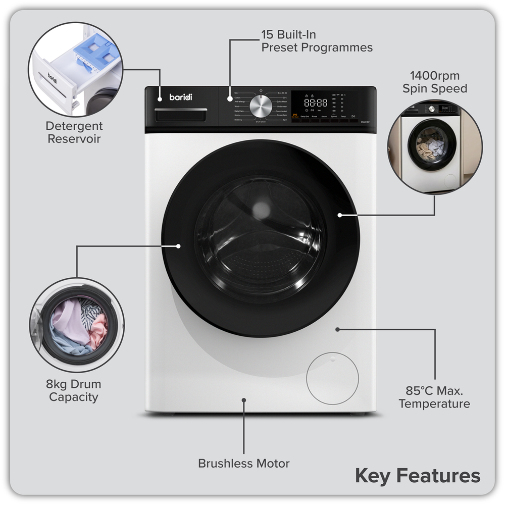 Baridi DH262 8kg Washing Machine, Front Loading, 1400rpm Energy Rating A - White - additional view 6