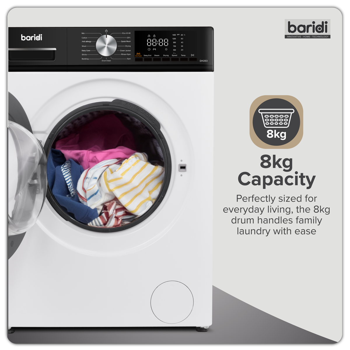 Baridi DH263 8/5kg Washer Dryer, Front Loading, 1400rpm Energy Rating A - White - additional view 8