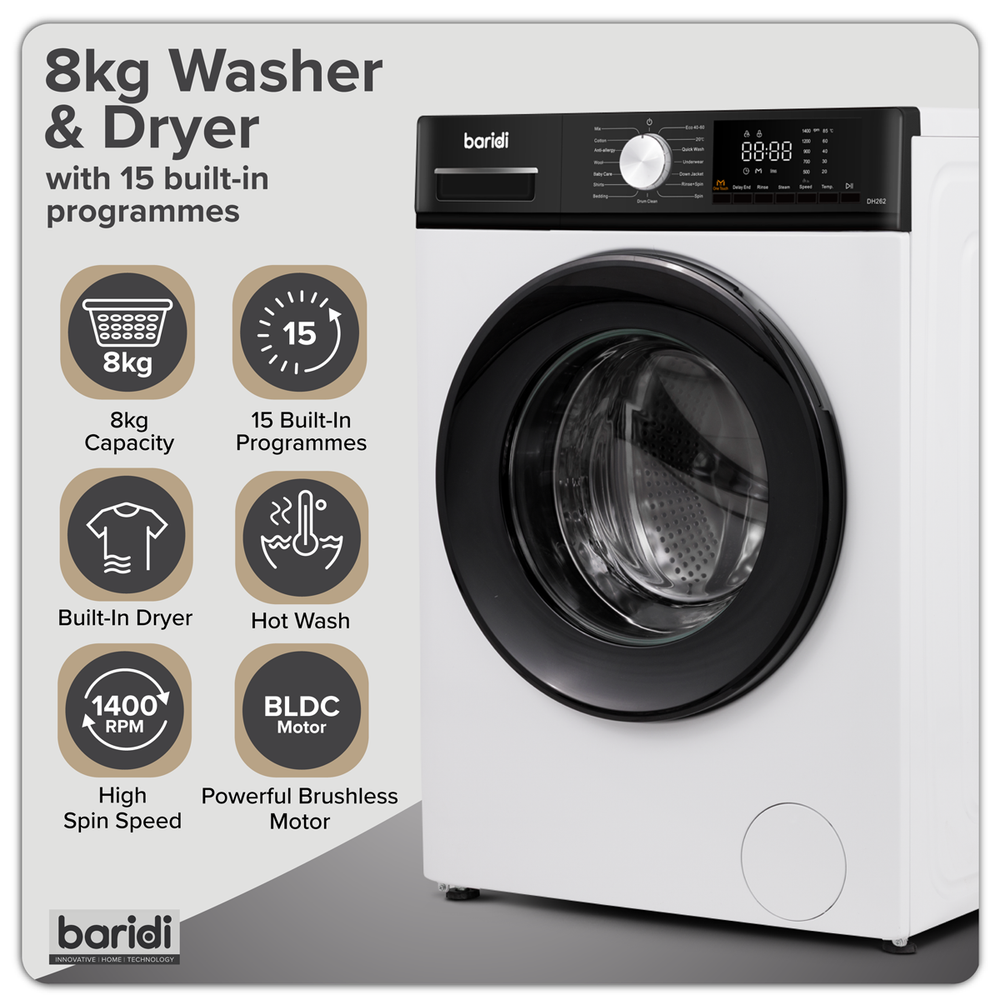Baridi DH263 8/5kg Washer Dryer, Front Loading, 1400rpm Energy Rating A - White - additional view 9