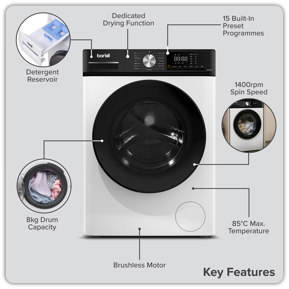 Baridi DH263 8/5kg Washer Dryer, Front Loading, 1400rpm Energy Rating A - White - additional view 17