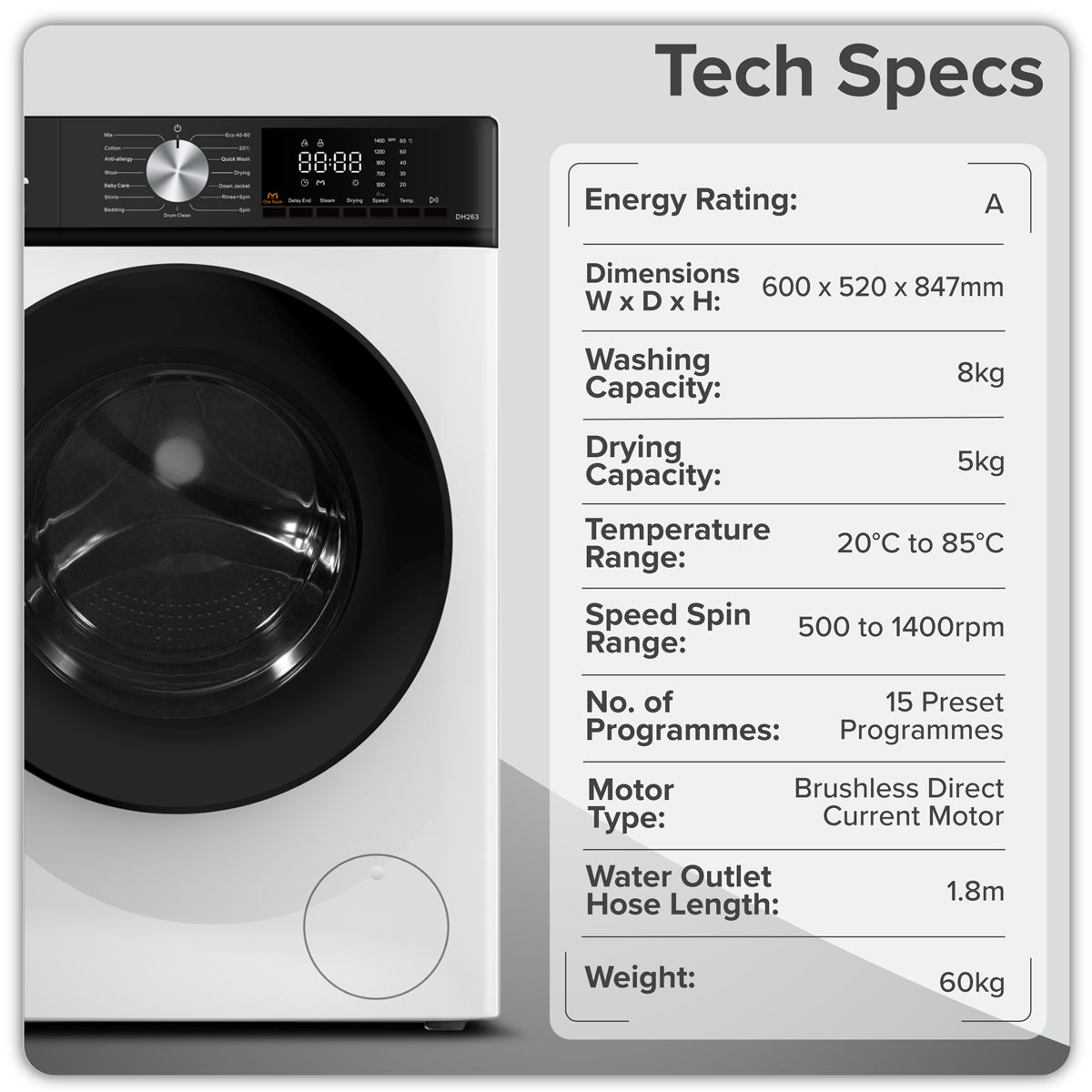 Baridi DH263 8/5kg Washer Dryer, Front Loading, 1400rpm Energy Rating A - White - additional view 12