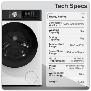 Baridi DH263 8/5kg Washer Dryer, Front Loading, 1400rpm Energy Rating A - White - additional view 12