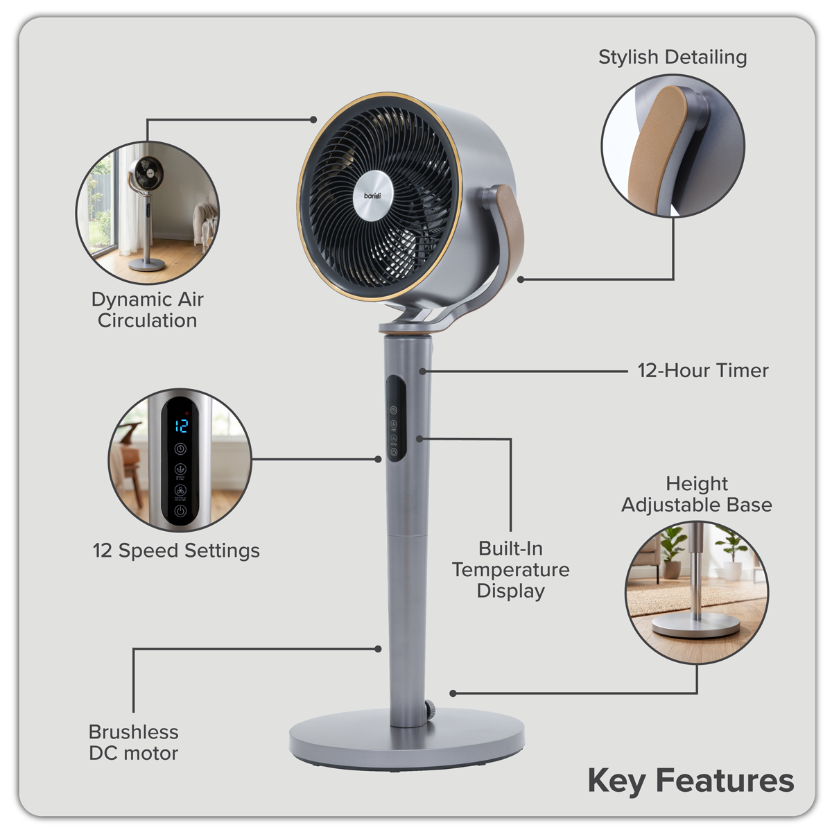 Baridi DH264 12" Pedestal Fan with Remote Control, Back Light & 12hr Timer - Grey - additional view 23
