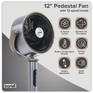 Baridi DH264 12" Pedestal Fan with Remote Control, Back Light & 12hr Timer - Grey - additional view 18