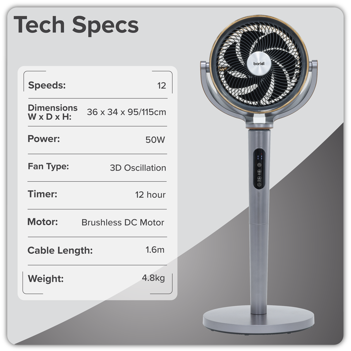 Baridi DH264 12" Pedestal Fan with Remote Control, Back Light & 12hr Timer - Grey - additional view 22