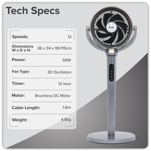 Baridi DH264 12" Pedestal Fan with Remote Control, Back Light & 12hr Timer - Grey - additional view 22