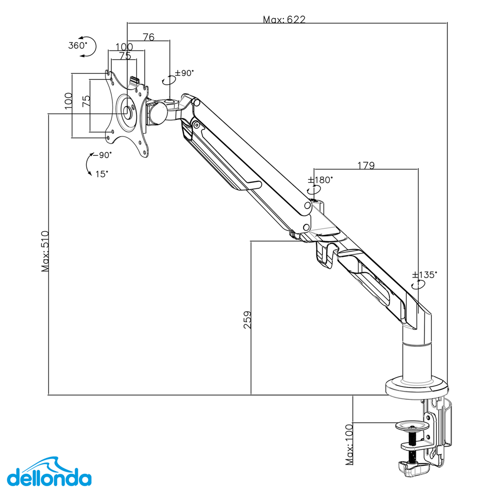 Dellonda DH26 Adjustable Single Monitor Arm with 360° Rotation - White - additional view 10