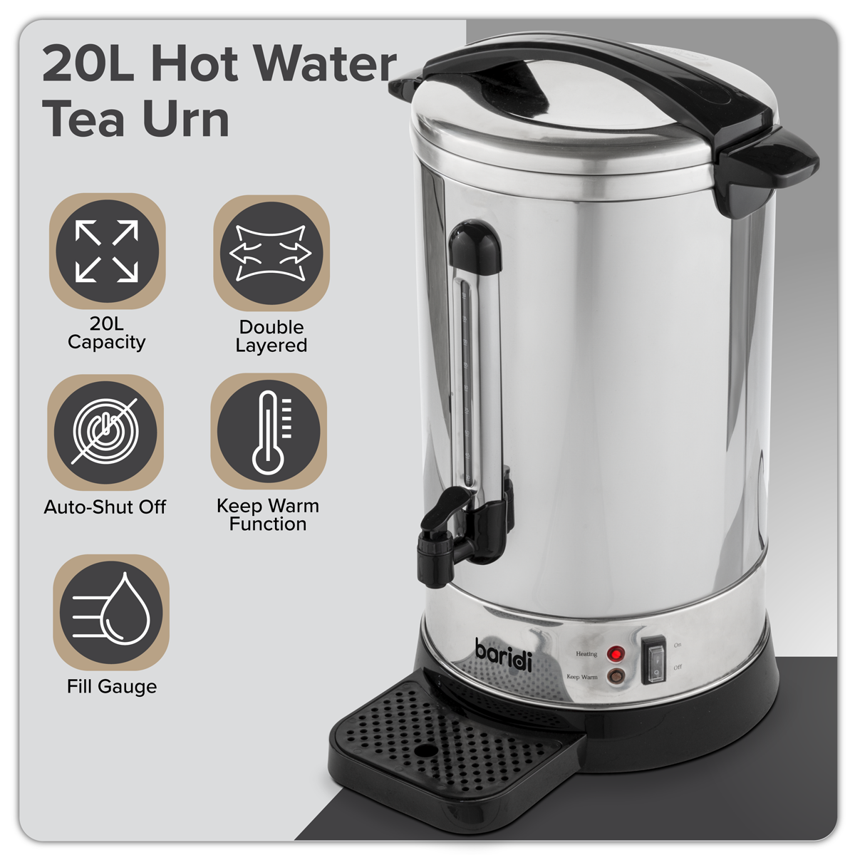 Baridi DH270 Hot Water Boiler, Tea Urn, 20L Capacity, Stainless Steel - additional view 17