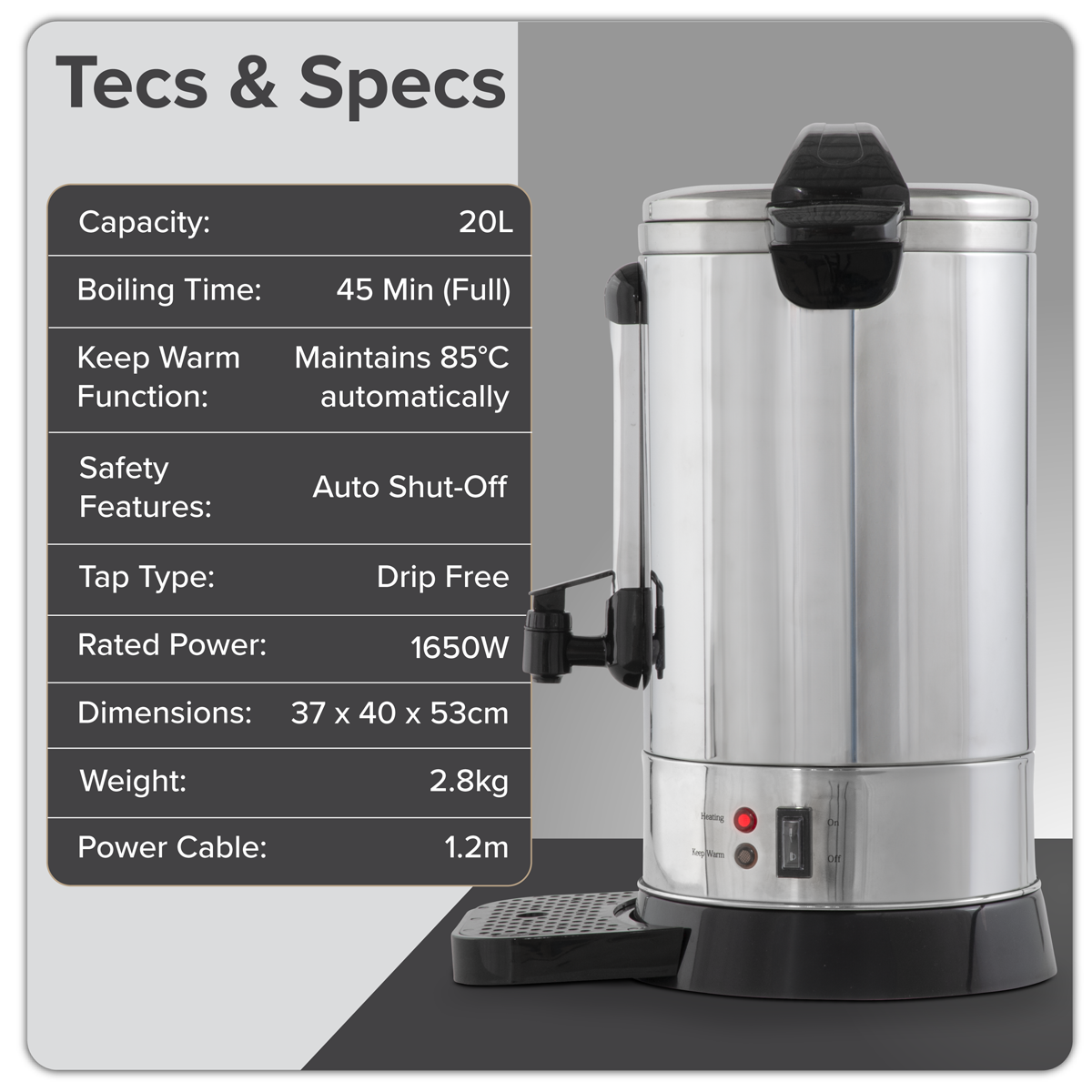 Baridi DH270 Hot Water Boiler, Tea Urn, 20L Capacity, Stainless Steel - additional view 21