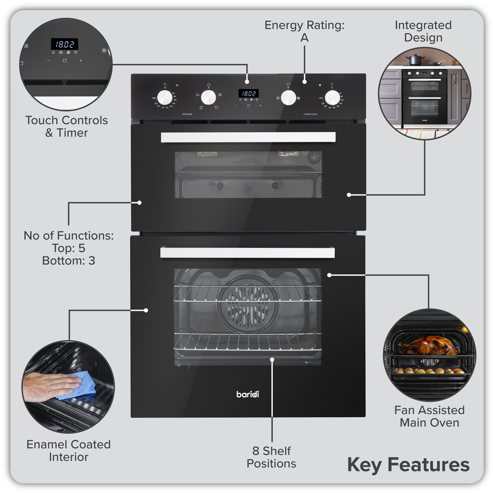 Baridi DH278 72cm Built-Under Double Oven, 74L Capacity, Energy Rating A - Black - additional view 17