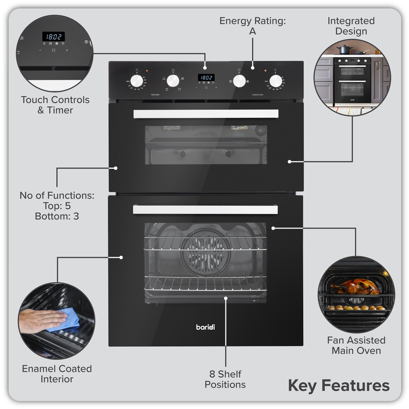 Baridi DH278 72cm Built-Under Double Oven, 74L Capacity, Energy Rating A - Black - additional view 17