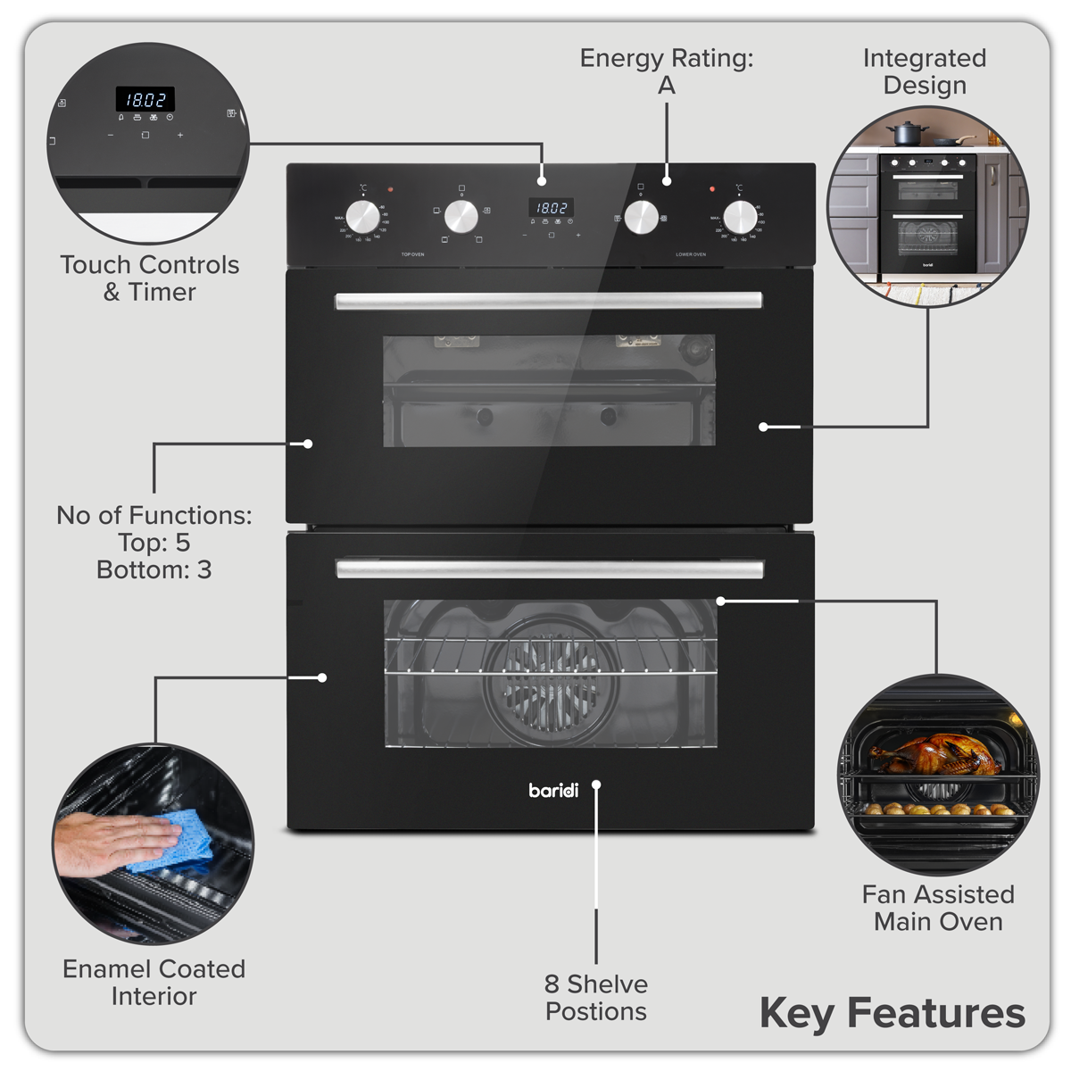 Baridi DH278 72cm Built-Under Double Oven, 74L Capacity, Energy Rating A - Black - additional view 14
