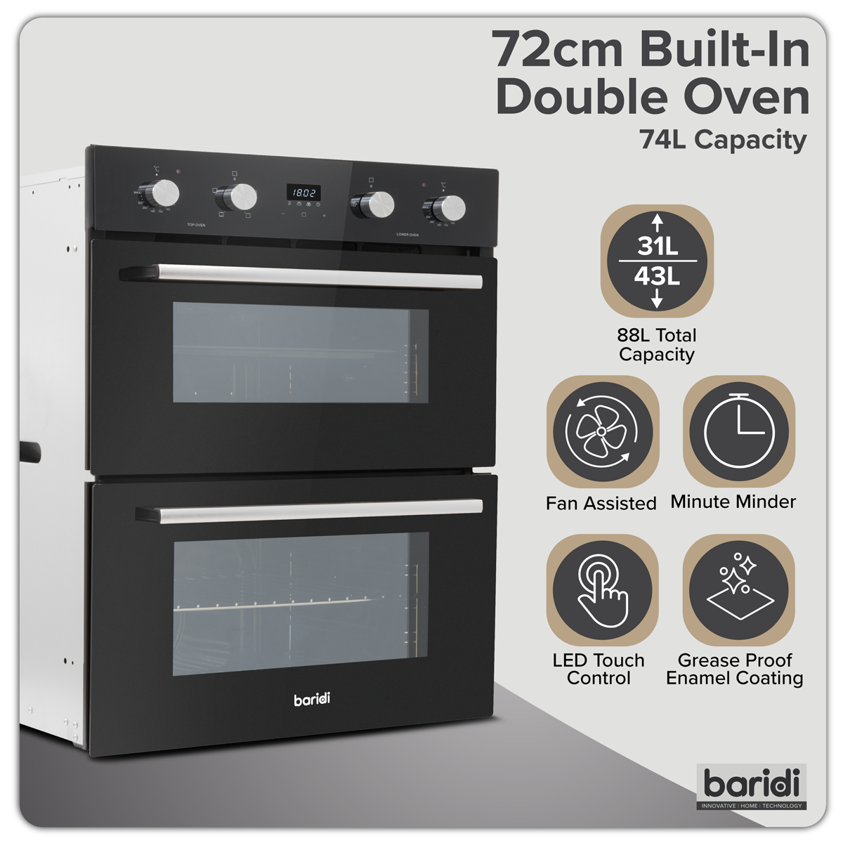 Baridi DH278 72cm Built-Under Double Oven, 74L Capacity, Energy Rating A - Black - additional view 15