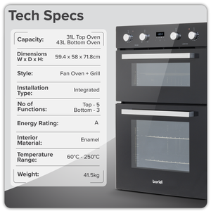 Baridi DH278 72cm Built-Under Double Oven, 74L Capacity, Energy Rating A - Black - additional view 7
