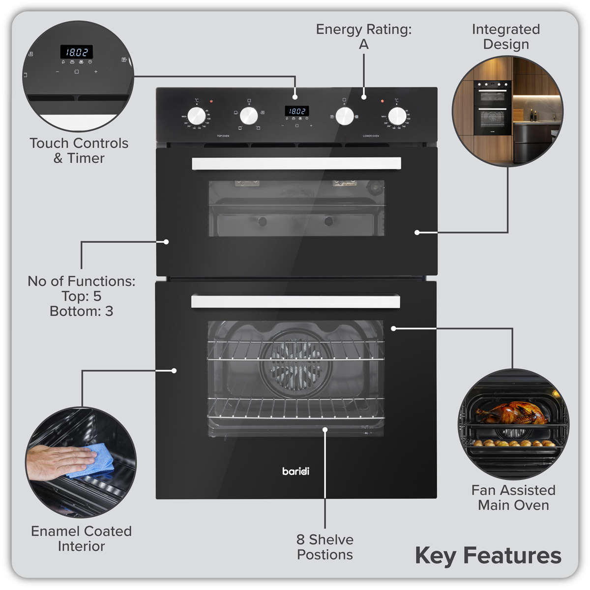 Baridi DH279 90cm Built-In Double Oven, 88L Capacity, Energy Rating A - Black - additional view 7