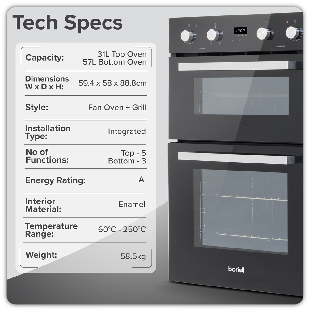 Baridi DH279 90cm Built-In Double Oven, 88L Capacity, Energy Rating A - Black - additional view 11
