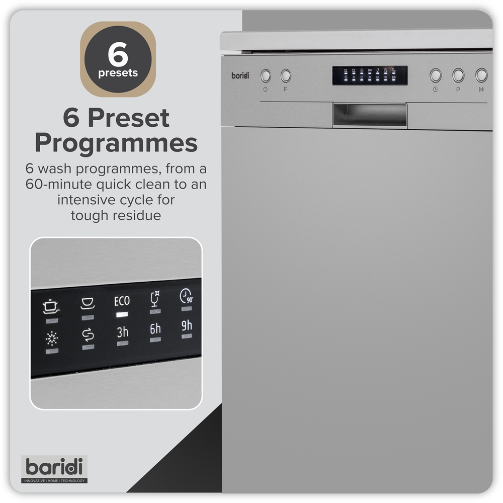 Baridi DH280 Regular Sized Freestanding Dishwasher 60cm Wide 13 Place Settings - Silver - additional view 2
