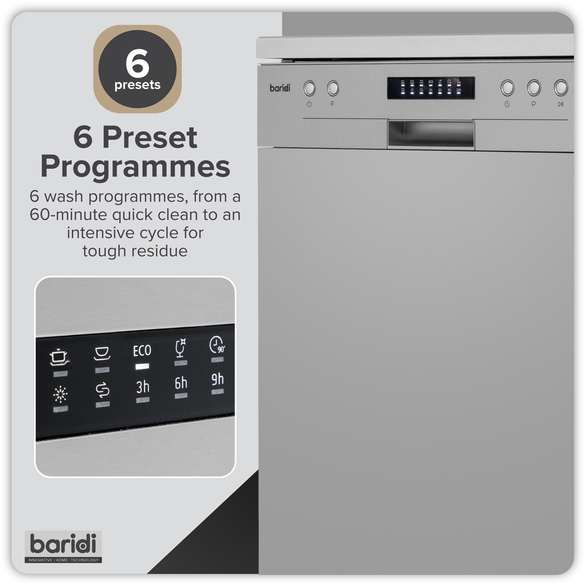 Baridi DH280 Regular Sized Freestanding Dishwasher 60cm Wide 13 Place Settings - Silver - additional view 2