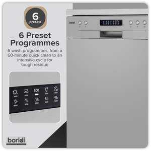 Baridi DH280 Regular Sized Freestanding Dishwasher 60cm Wide 13 Place Settings - Silver - additional view 2
