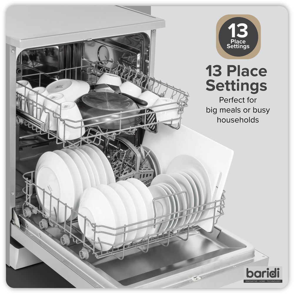 Baridi DH280 Regular Sized Freestanding Dishwasher 60cm Wide 13 Place Settings - Silver - additional view 3