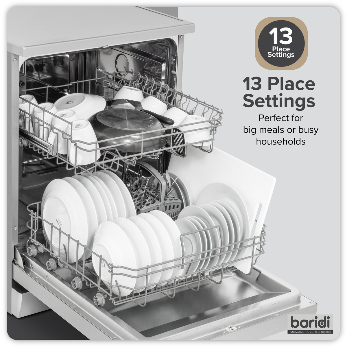 Baridi DH280 Regular Sized Freestanding Dishwasher 60cm Wide 13 Place Settings - Silver - additional view 3