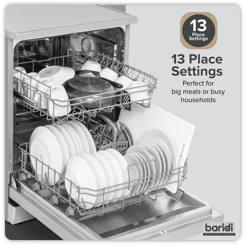 Baridi DH280 Regular Sized Freestanding Dishwasher 60cm Wide 13 Place Settings - Silver - additional view 3