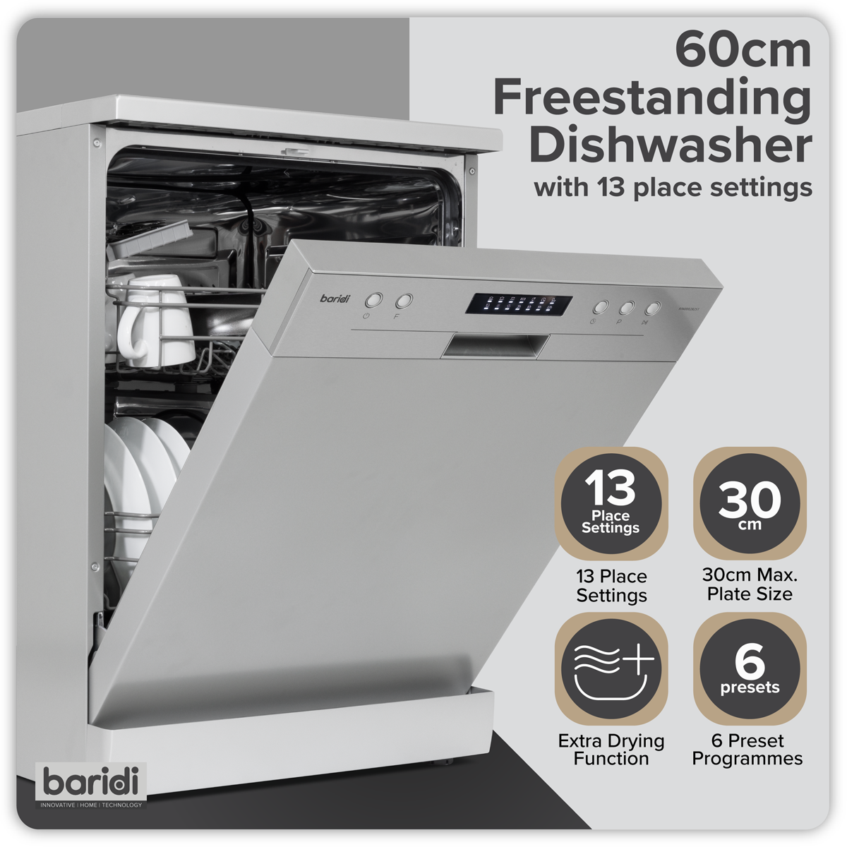 Baridi DH280 Regular Sized Freestanding Dishwasher 60cm Wide 13 Place Settings - Silver - additional view 4