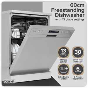 Baridi DH280 Regular Sized Freestanding Dishwasher 60cm Wide 13 Place Settings - Silver - additional view 4