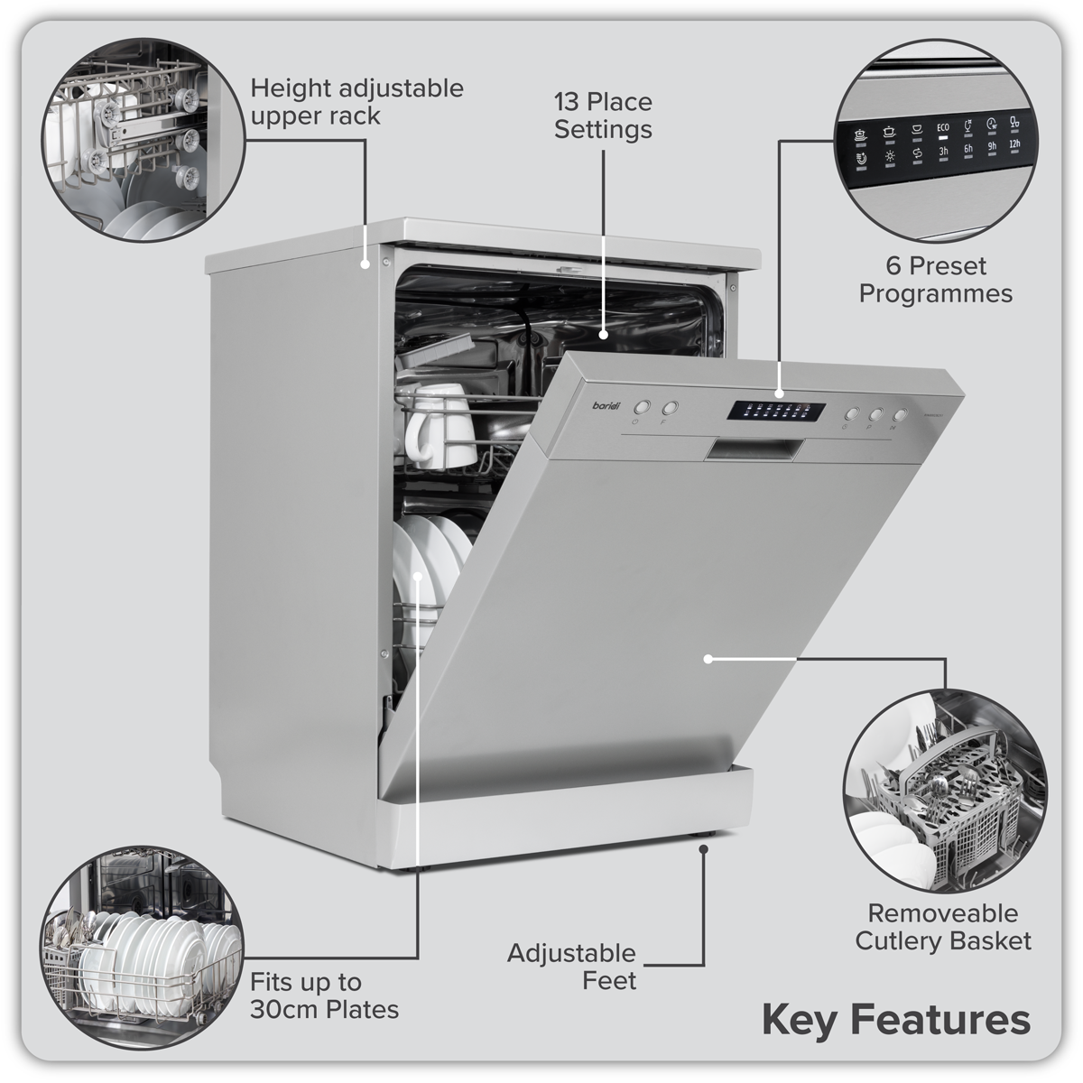 Baridi DH280 Regular Sized Freestanding Dishwasher 60cm Wide 13 Place Settings - Silver - additional view 5