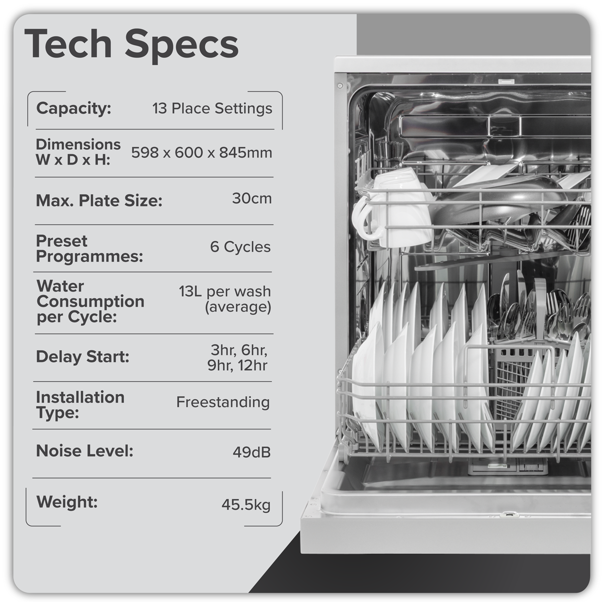 Baridi DH280 Regular Sized Freestanding Dishwasher 60cm Wide 13 Place Settings - Silver - additional view 6