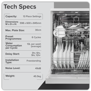 Baridi DH280 Regular Sized Freestanding Dishwasher 60cm Wide 13 Place Settings - Silver - additional view 6