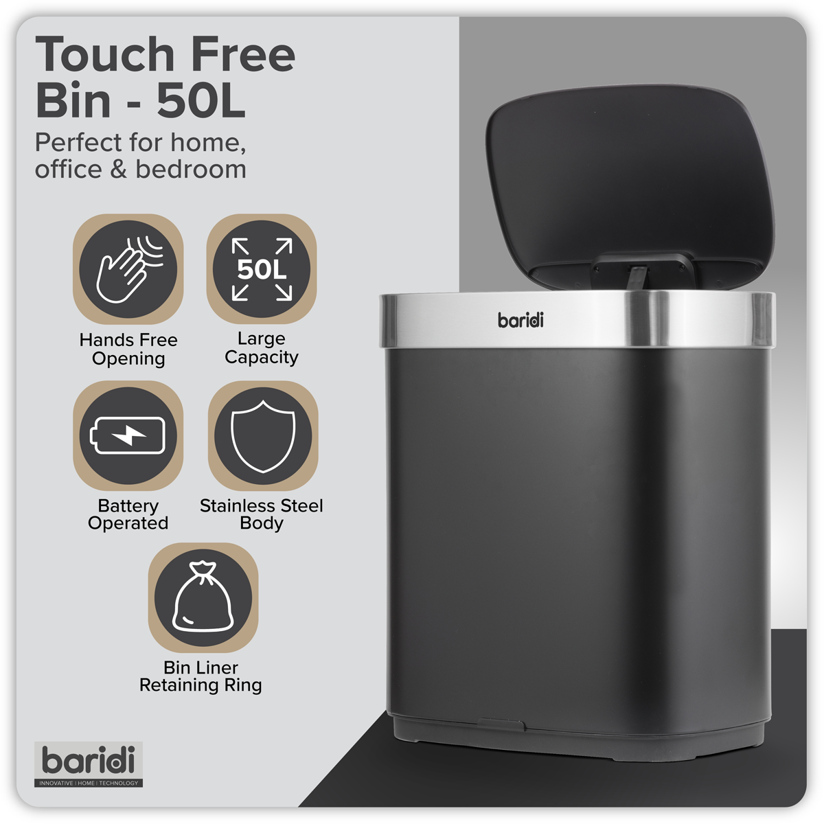 Baridi DH281 Sensor Bin 50L - Black/Stainless Steel - additional view 17