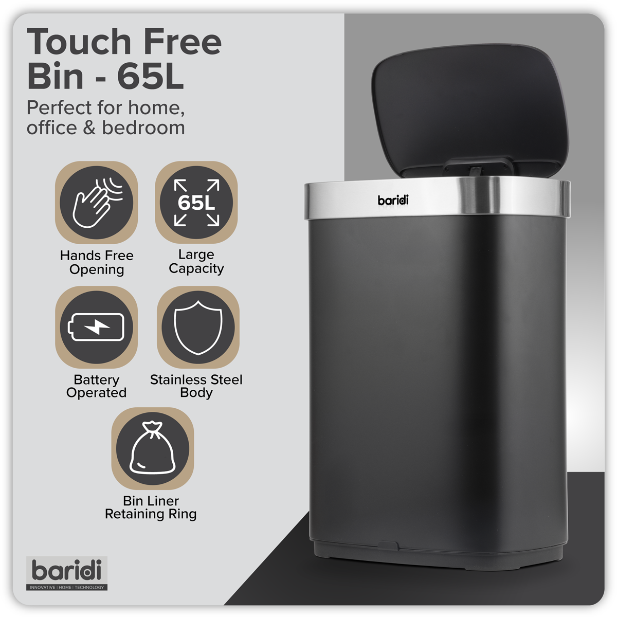 Baridi DH282 Sensor Bin 65L - Black/Stainless Steel - additional view 15