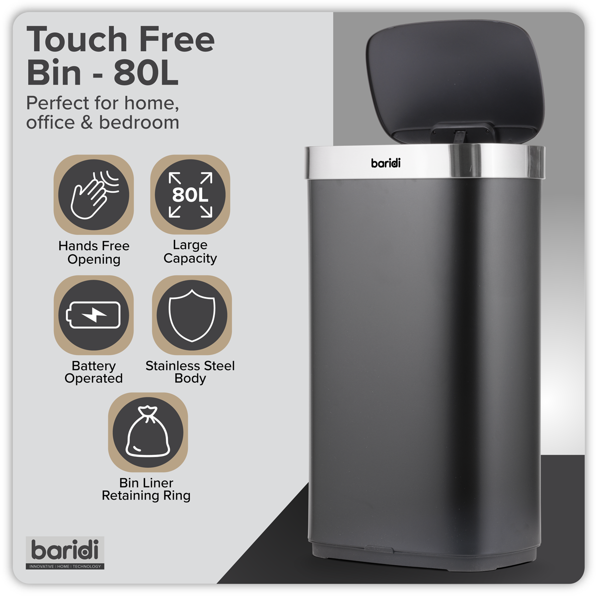 Baridi DH283 Sensor Bin 80L - Black/Stainless Steel - additional view 15