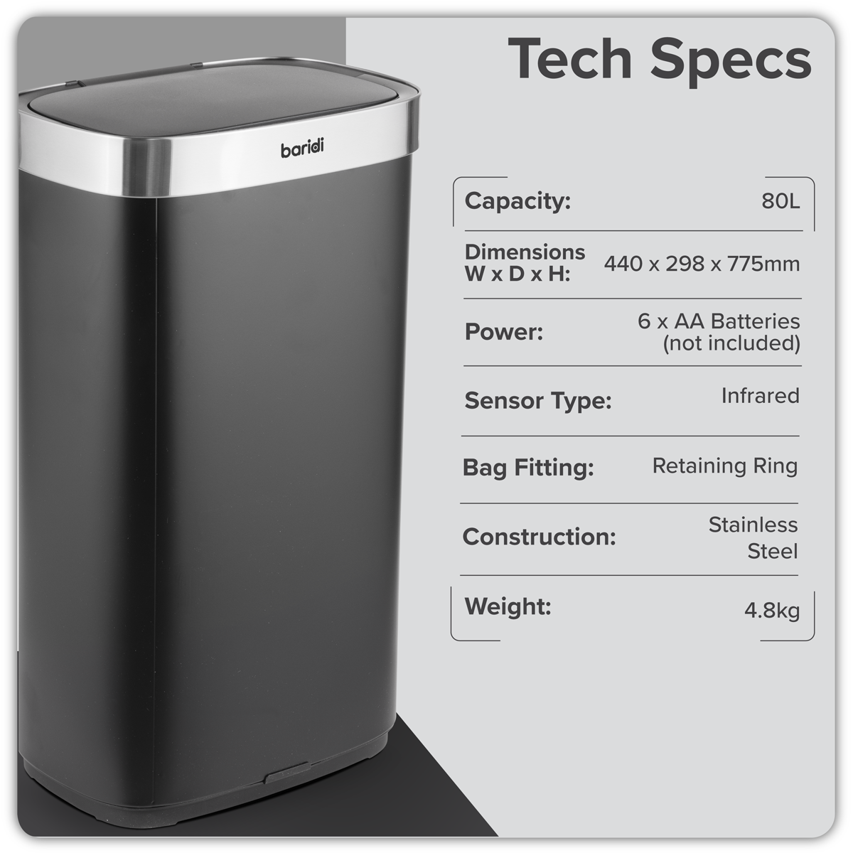 Baridi DH283 Sensor Bin 80L - Black/Stainless Steel - additional view 16
