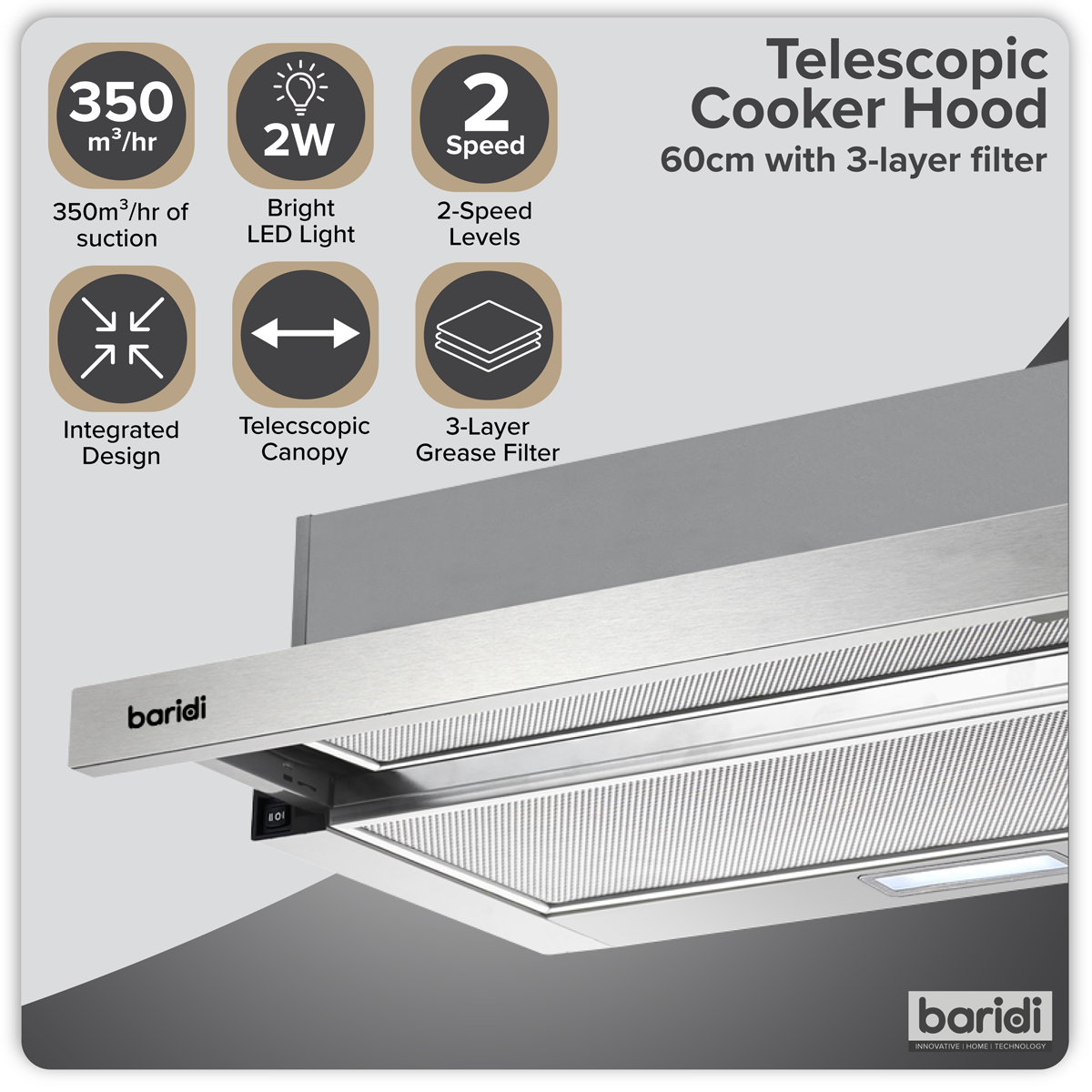 Baridi DH286 Telescopic Cooker Hood with Aluminium Filters 60cm - Stainless Steel - additional view 10