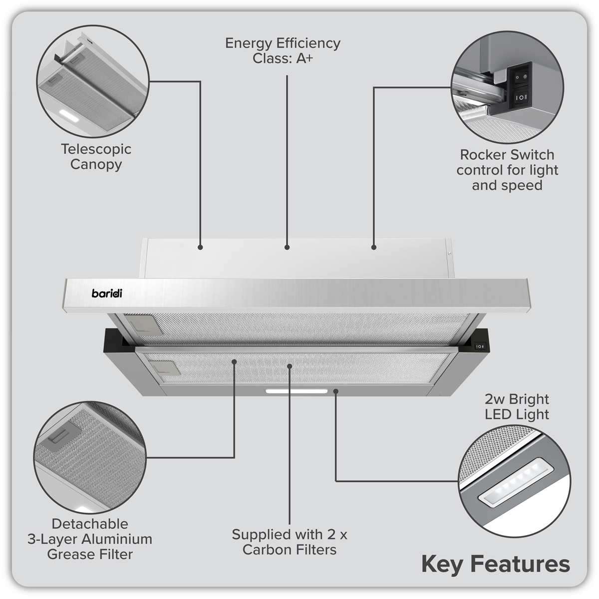 Baridi DH286 Telescopic Cooker Hood with Aluminium Filters 60cm - Stainless Steel - additional view 8