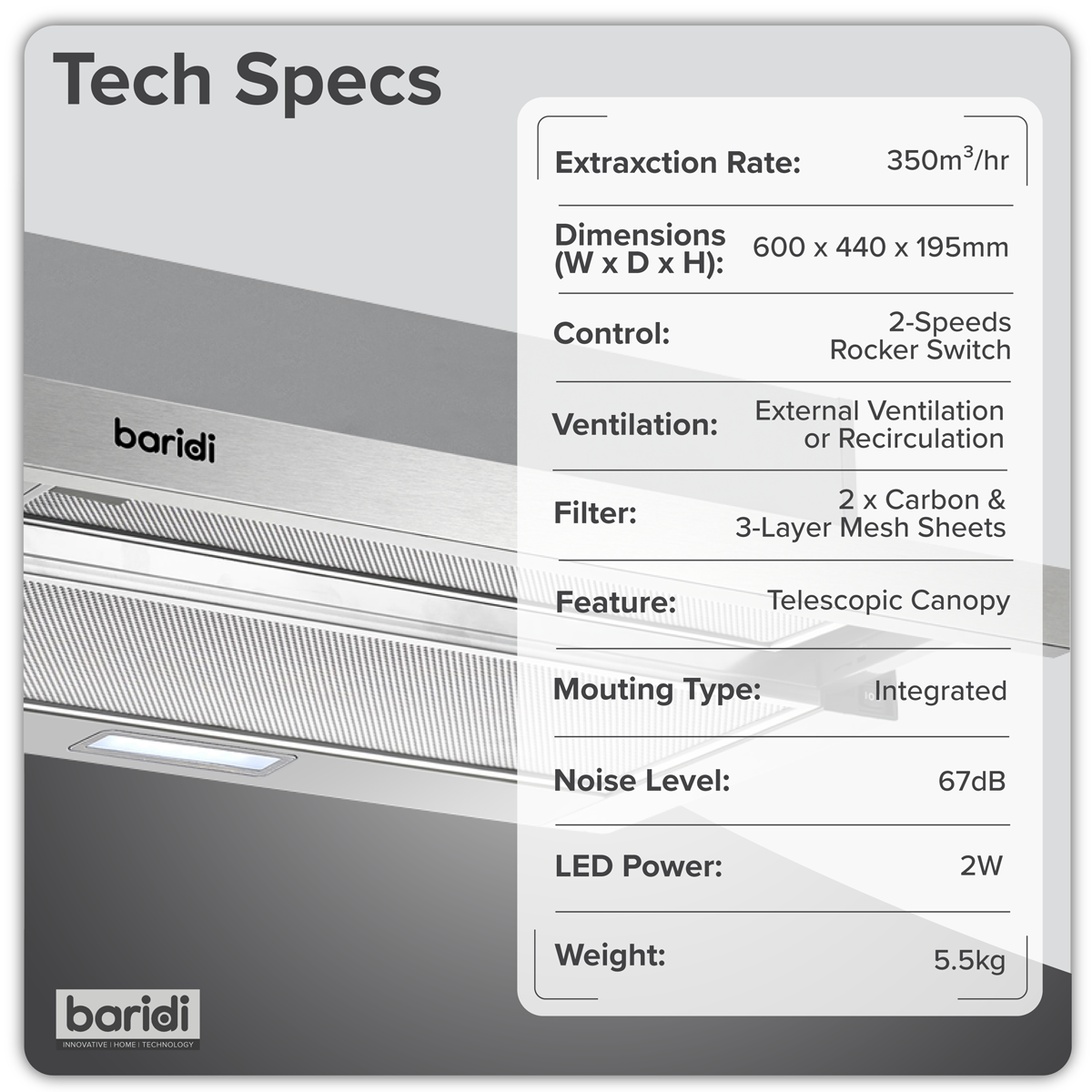 Baridi DH286 Telescopic Cooker Hood with Aluminium Filters 60cm - Stainless Steel - additional view 13