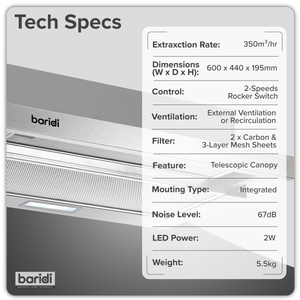 Baridi DH286 Telescopic Cooker Hood with Aluminium Filters 60cm - Stainless Steel - additional view 13