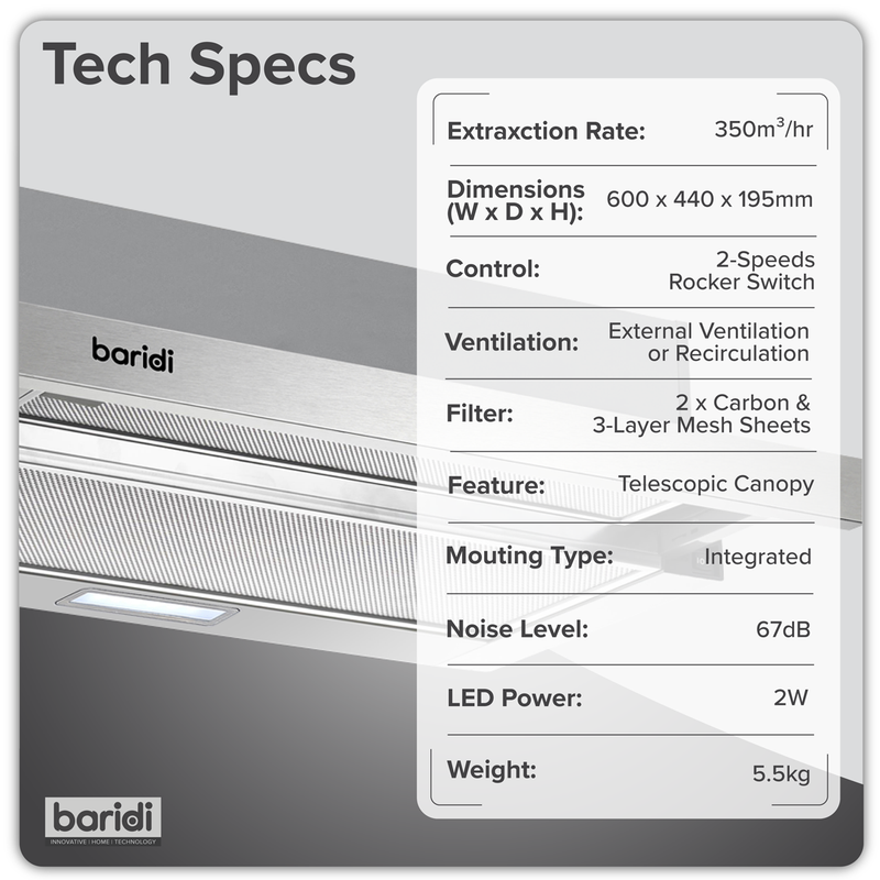 Baridi DH286 Telescopic Cooker Hood with Aluminium Filters 60cm - Stainless Steel - additional view 13