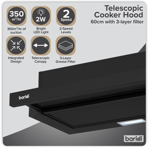 Baridi DH287 Telescopic Cooker Hood with Aluminium Filters 60cm - Black - additional view 8