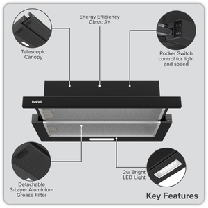 Baridi DH287 Telescopic Cooker Hood with Aluminium Filters 60cm - Black - additional view 9