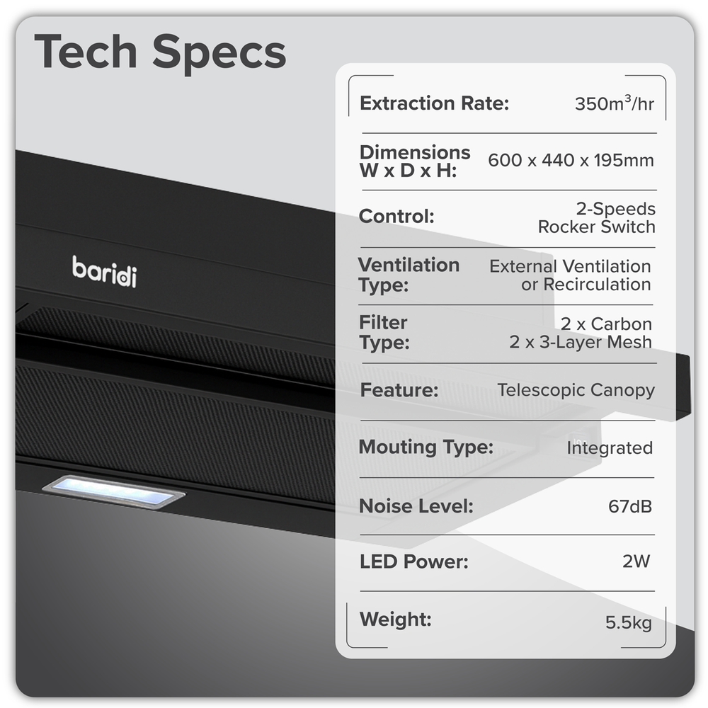 Baridi DH287 Telescopic Cooker Hood with Aluminium Filters 60cm - Black - additional view 13